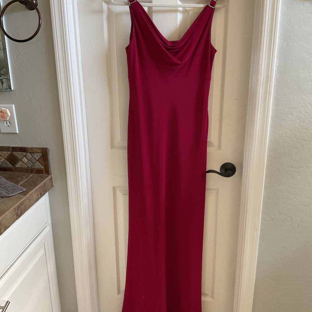 Red vintage style maxi gown with rhinestone clips.  Sleeveless, cowl neck